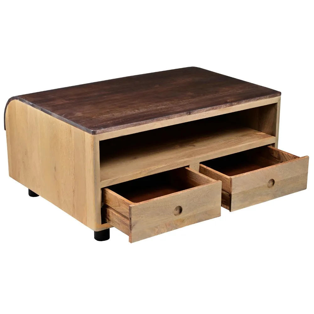 36 Inch Modern Mango Wood Coffee Table, Drip Design Walnut Brown Surface, Oak White Frame By The Urban Port