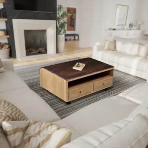 36 Inch Modern Mango Wood Coffee Table, Drip Design Walnut Brown Surface, Oak White Frame By The Urban Port