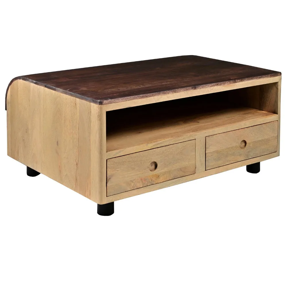 36 Inch Modern Mango Wood Coffee Table, Drip Design Walnut Brown Surface, Oak White Frame By The Urban Port