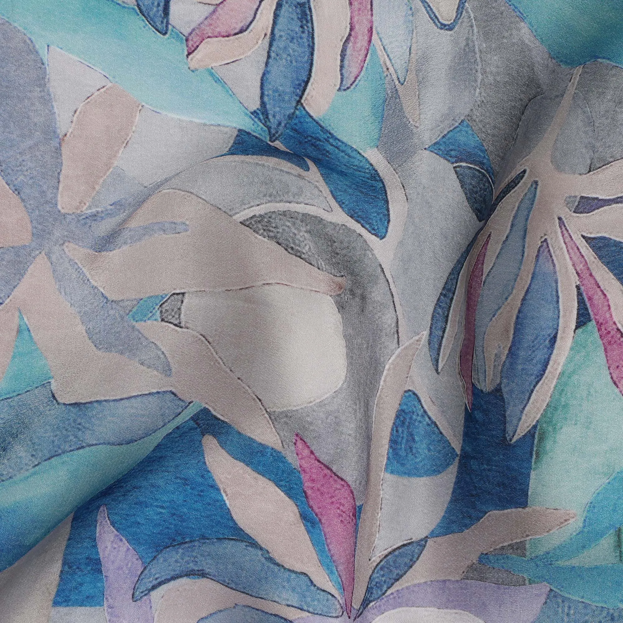 Aqua Blue Viscose Digital Printed Fabric with Abstract Leaf Design, 110 cm Width-D21305