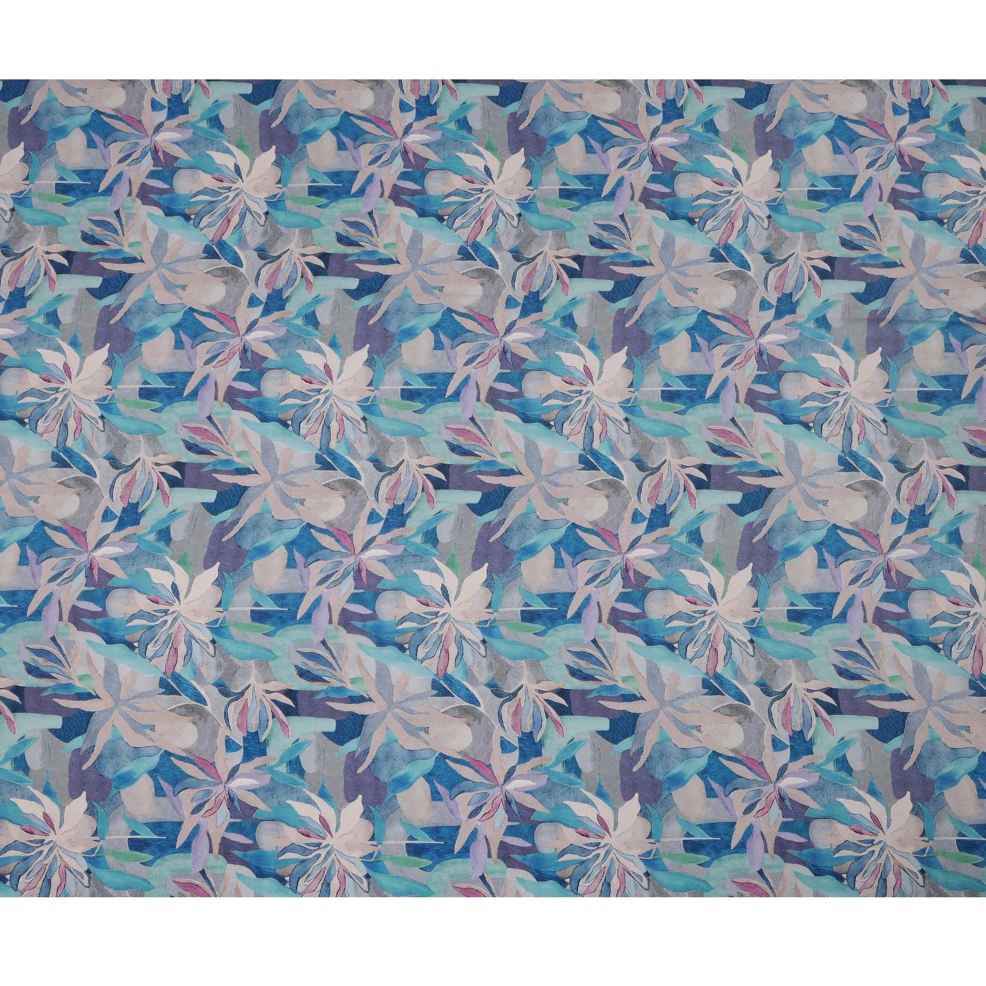 Aqua Blue Viscose Digital Printed Fabric with Abstract Leaf Design, 110 cm Width-D21305