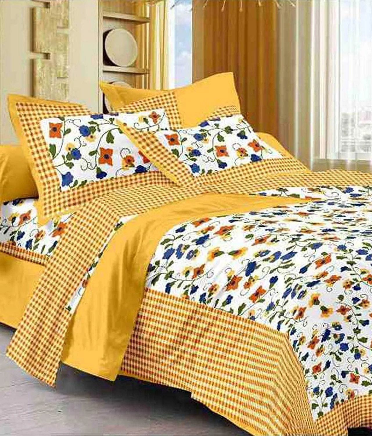 BedZone 100% Cotton Rajasthani Jaipuri Traditional King Size Double Bed Bedsheet with 2 Pillow Covers, Checkered, Yellow