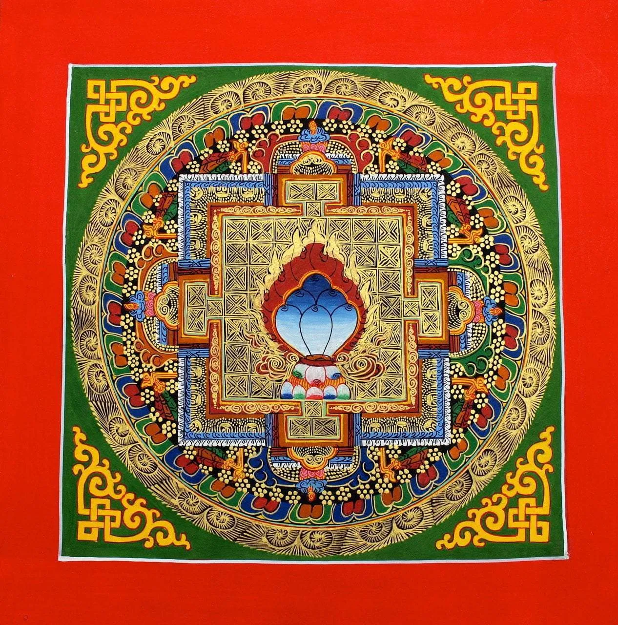 Blue Jewel Mandala on Green Thangka