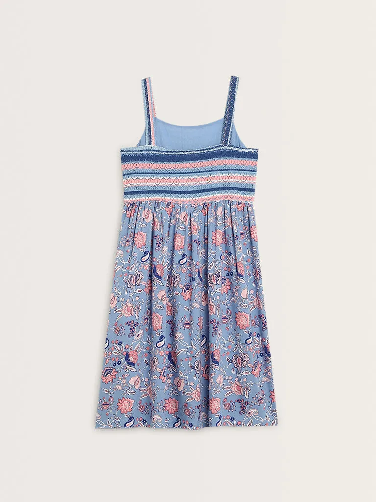 Bombay Paisley Blue Floral Printed A-Line Cotton Dress