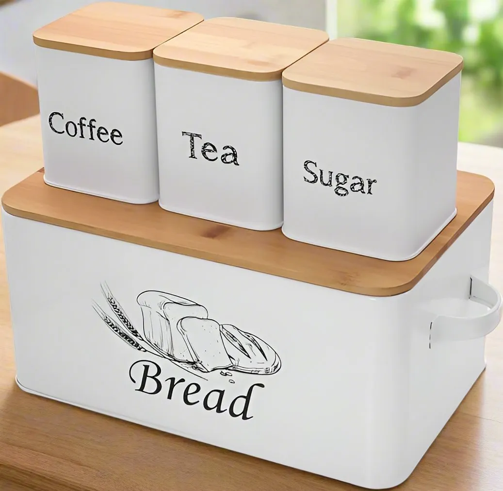 Bread Box And 3-Piece With Sugar Tea Coffee Containers Sets For Kitchen Countertop Extra Large Farmhouse Storage By MA