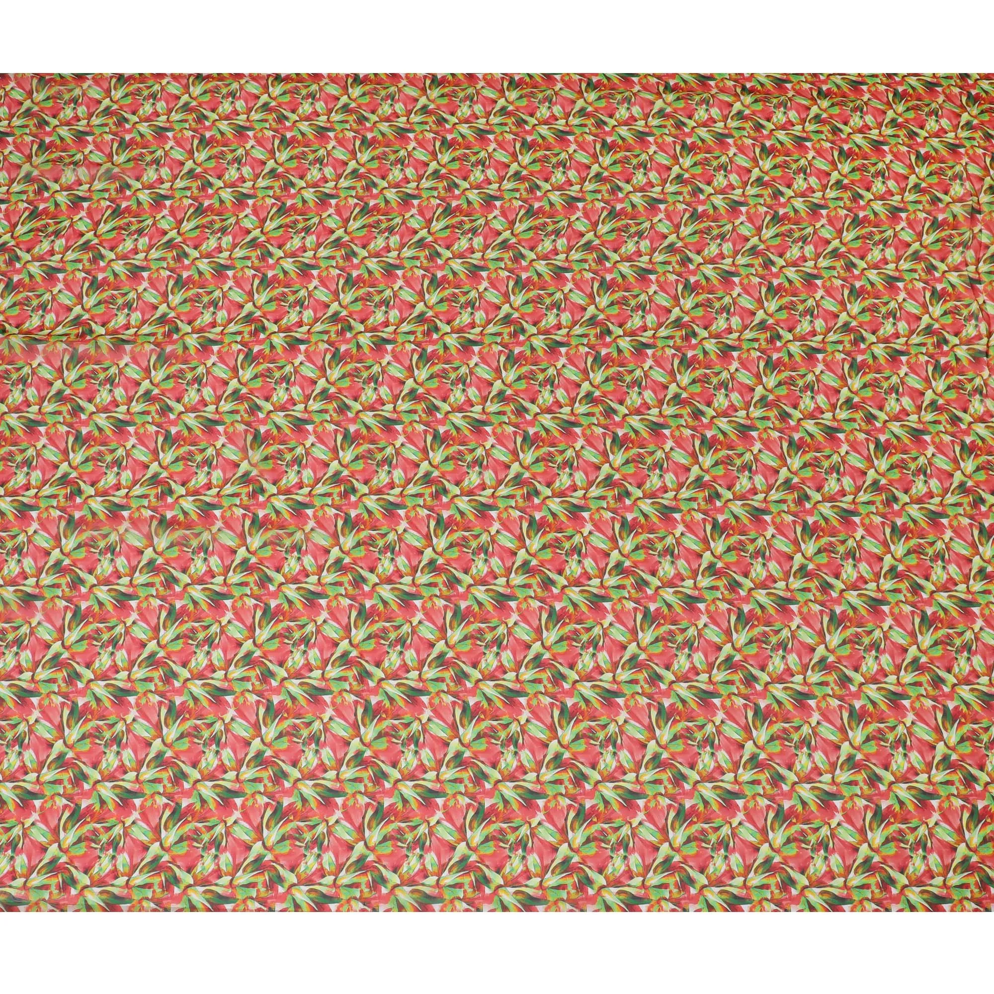 Coral Pink Synthetic Chiffon Fabric with Green and Yellow Leaf Print, 140 cm Wide-D19119