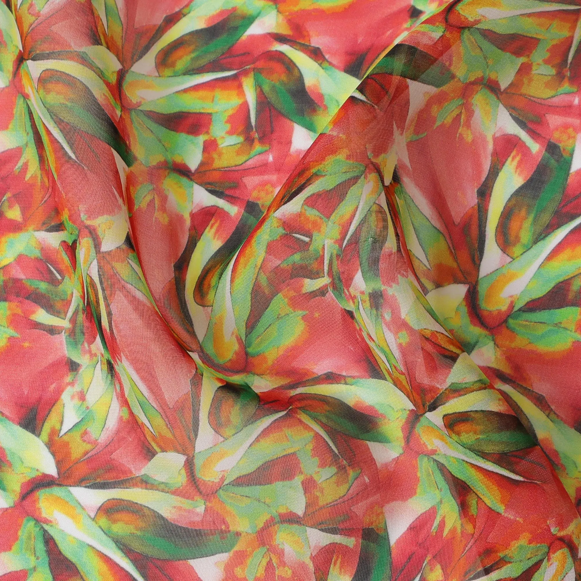 Coral Pink Synthetic Chiffon Fabric with Green and Yellow Leaf Print, 140 cm Wide-D19119