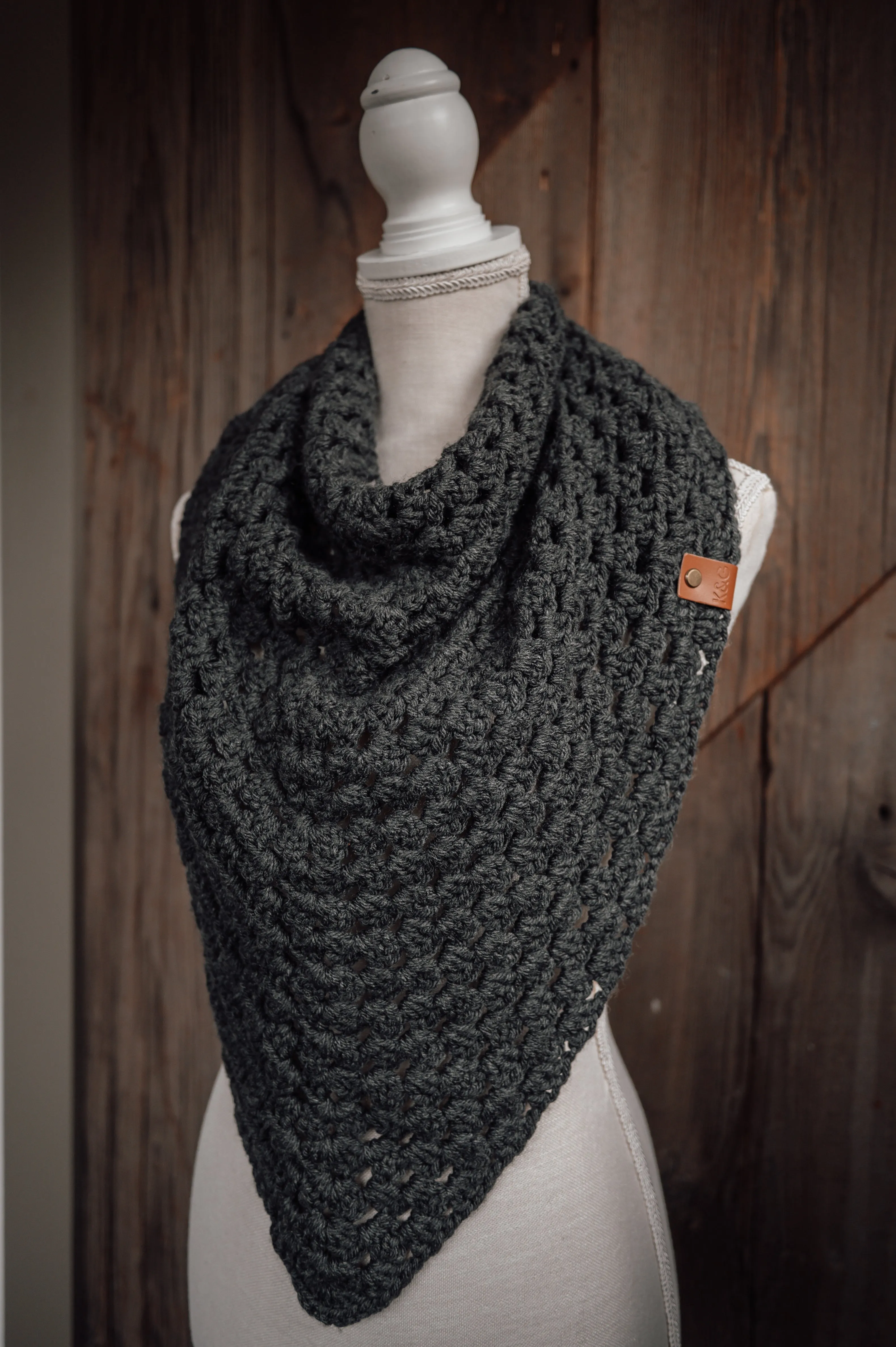 Cozy Crocheted Triangle Scarf - Dark Grey