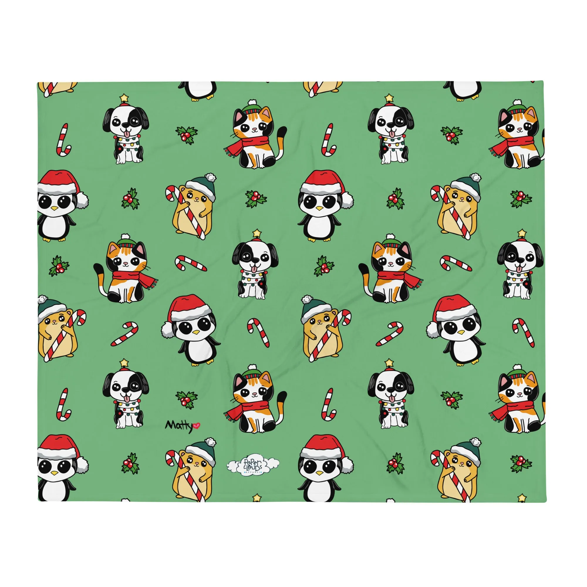 Cozy Holiday Throw Blanket  with Adorable Pets in Christmas Hats and Scarves