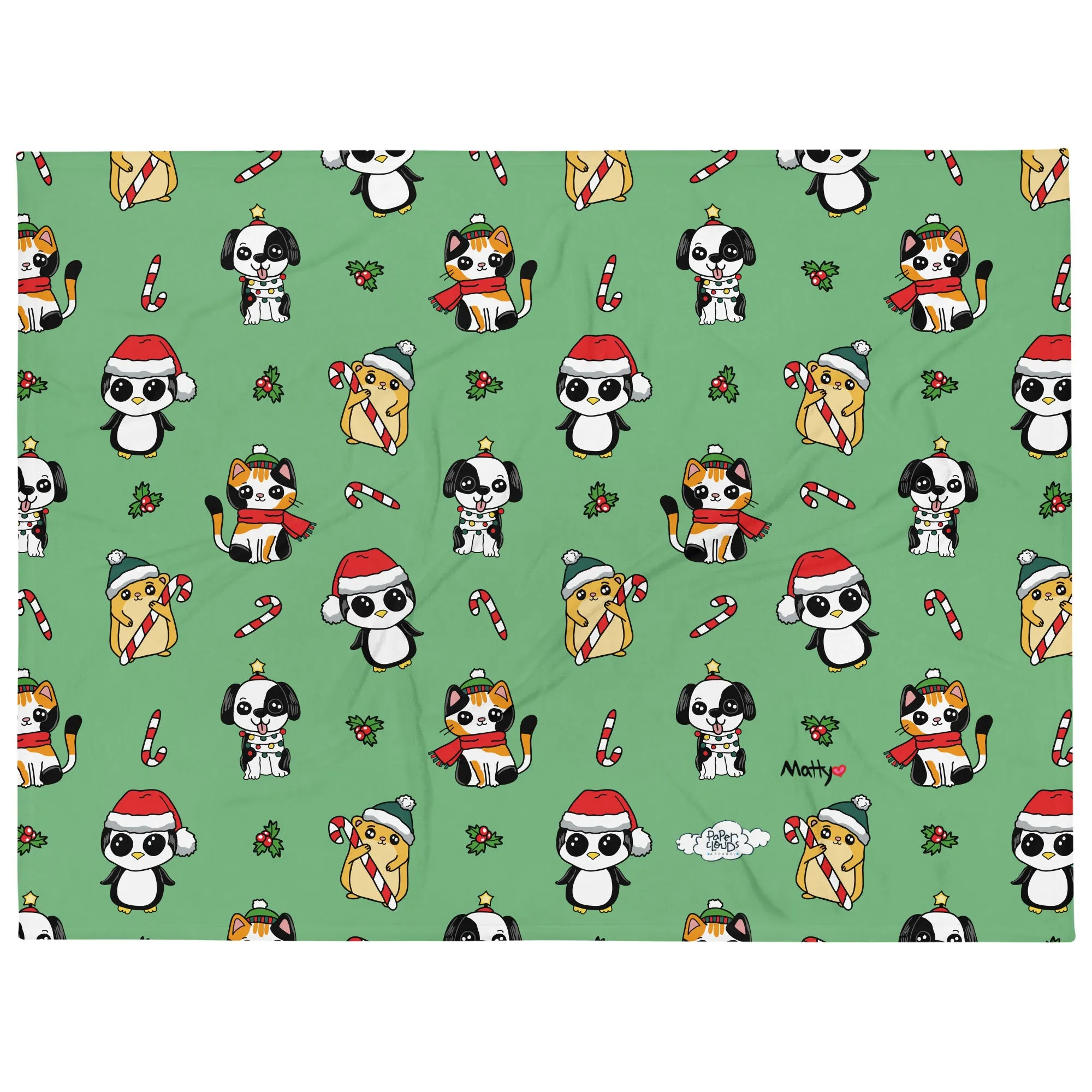 Cozy Holiday Throw Blanket  with Adorable Pets in Christmas Hats and Scarves