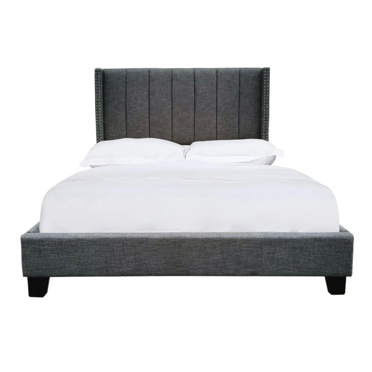 Dark Grey Upholstered Full Size Platform Bed with Padded Headboard and Nailhead Trim