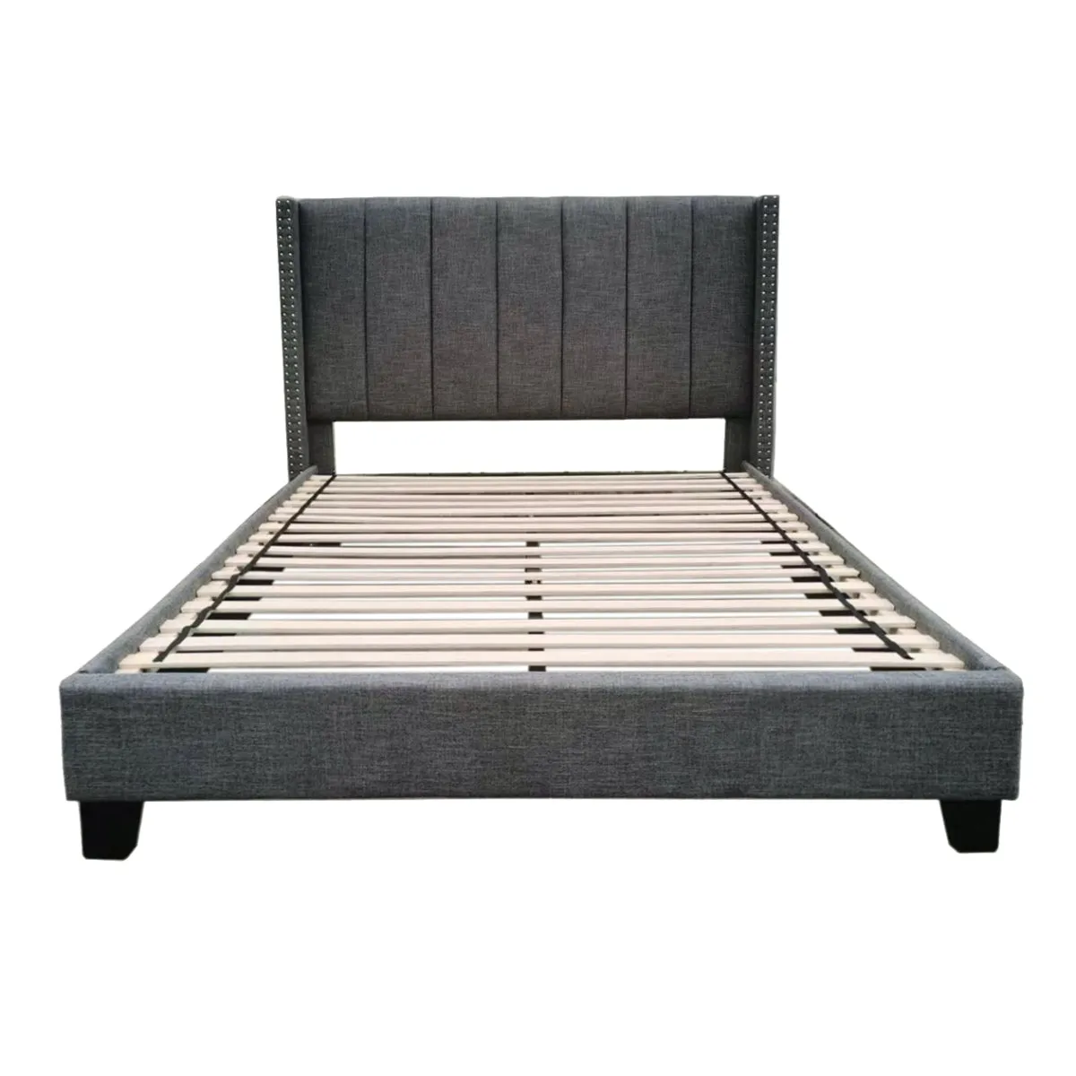 Dark Grey Upholstered Full Size Platform Bed with Padded Headboard and Nailhead Trim