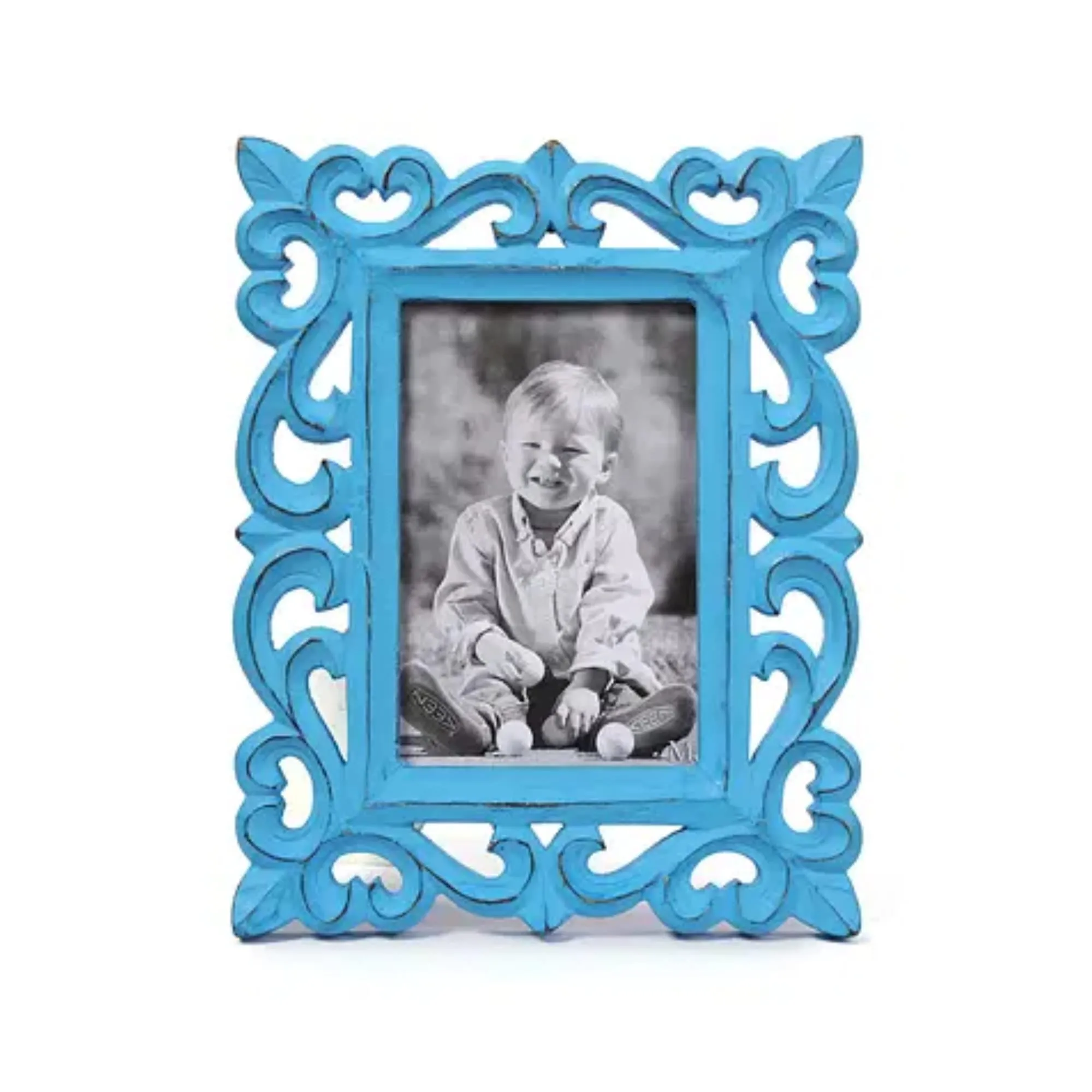 Duadecor Set of 3 Wooden Photo Frame Carving Wall Hanging Carved Picture Frame 5 x 7 Wood - Decorative Distressed Finish -Photo Frames Table-Top/Office/Home Décor – Blue, Pink, White