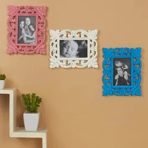 Duadecor Set of 3 Wooden Photo Frame Carving Wall Hanging Carved Picture Frame 5 x 7 Wood - Decorative Distressed Finish -Photo Frames Table-Top/Office/Home Décor – Blue, Pink, White