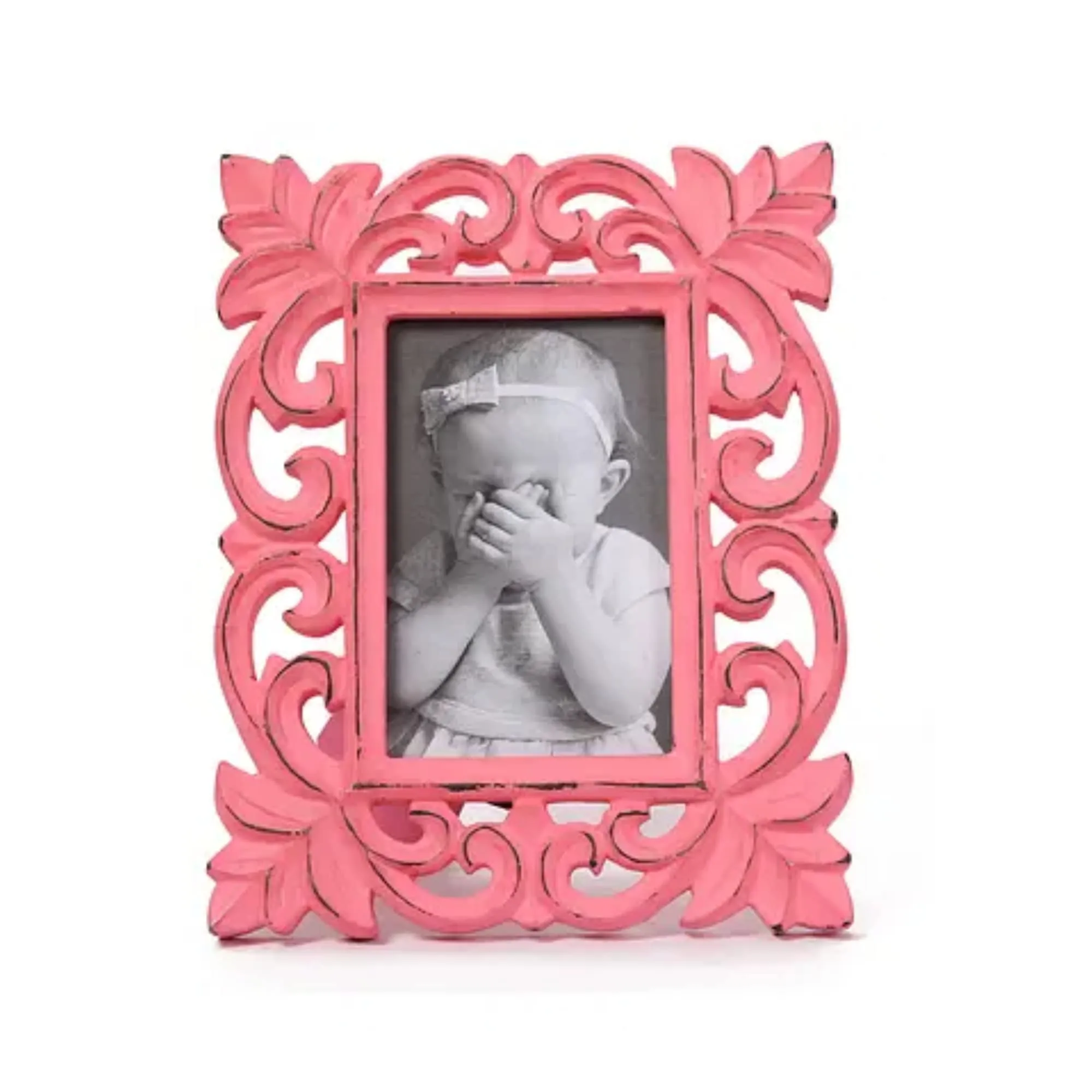 Duadecor Set of 3 Wooden Photo Frame Carving Wall Hanging Carved Picture Frame 5 x 7 Wood - Decorative Distressed Finish -Photo Frames Table-Top/Office/Home Décor – Blue, Pink, White