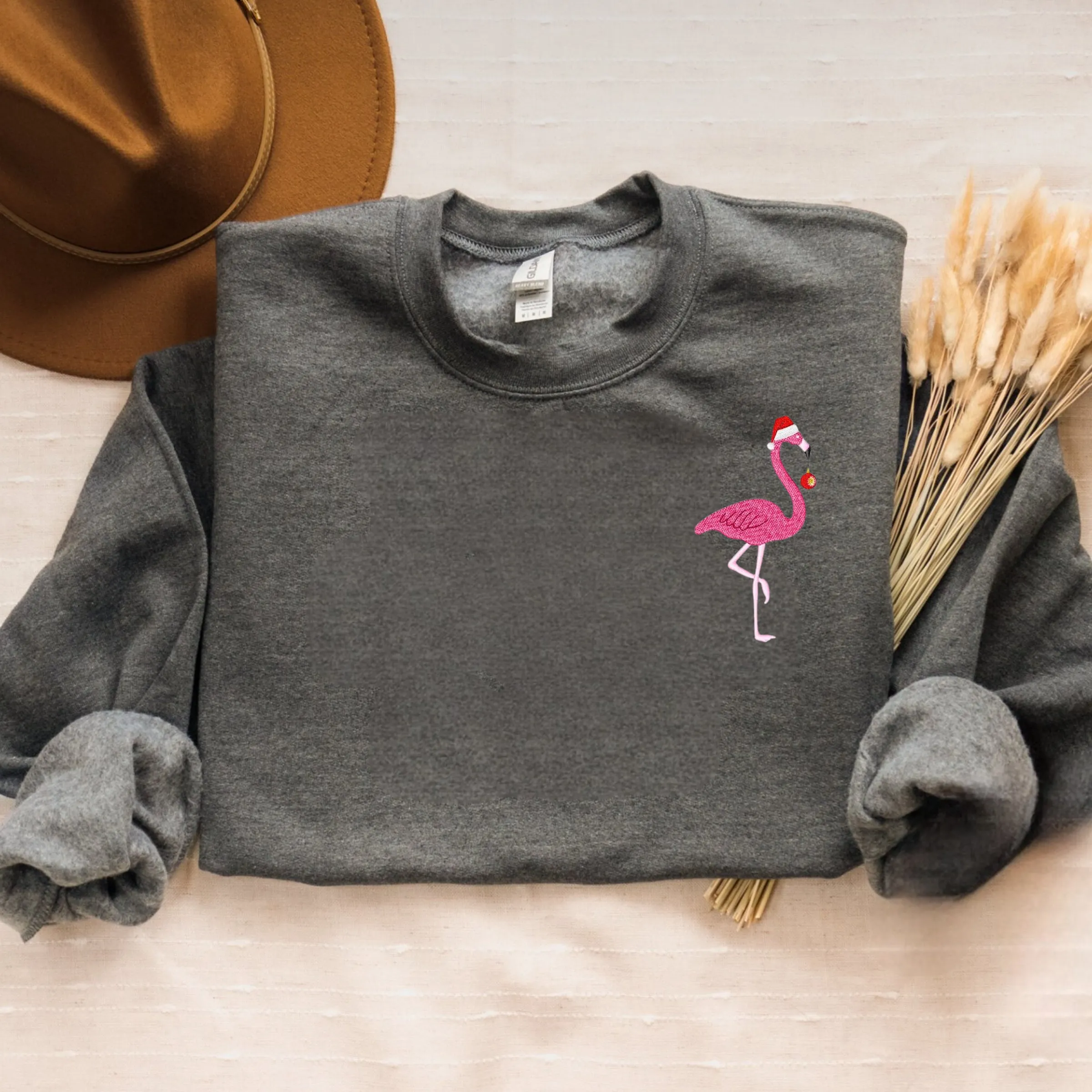 Embroidered Christmas Flamingo Sweatshirt, Flamingo Santa Hat Crewneck or Hoodie