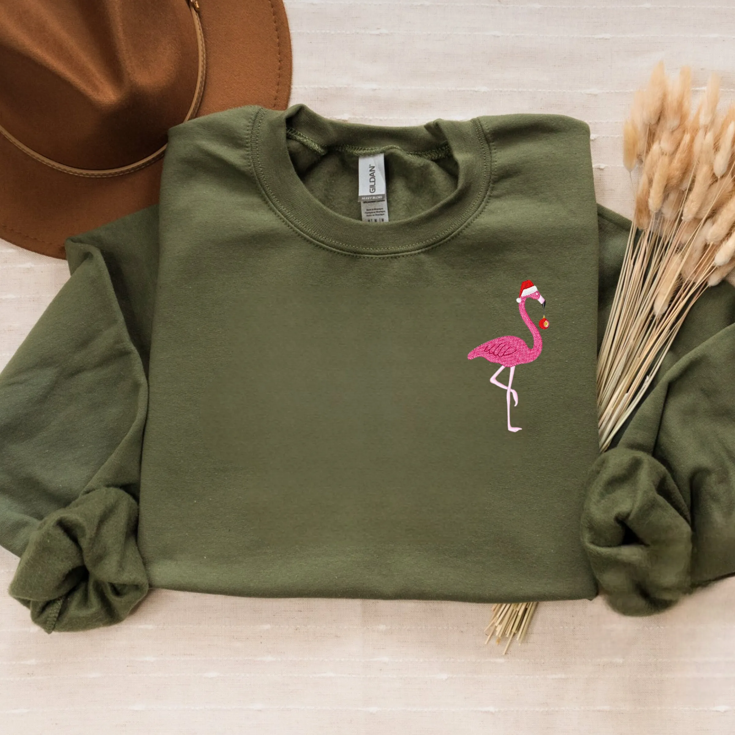 Embroidered Christmas Flamingo Sweatshirt, Flamingo Santa Hat Crewneck or Hoodie