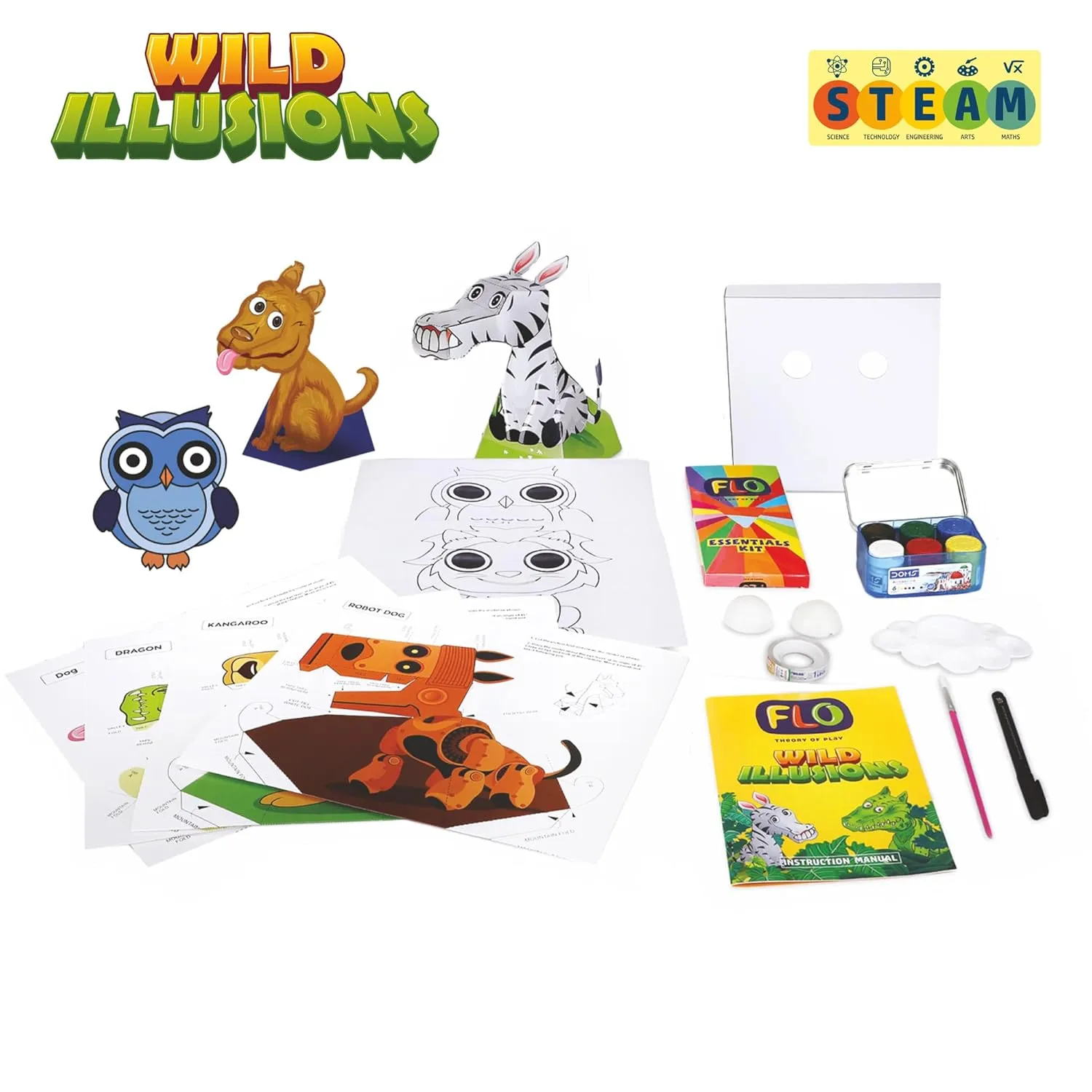 FLO Toys Steam Diy 3D Wild Animals And Birds Illusions Stem Activity Kit For Kids 6 