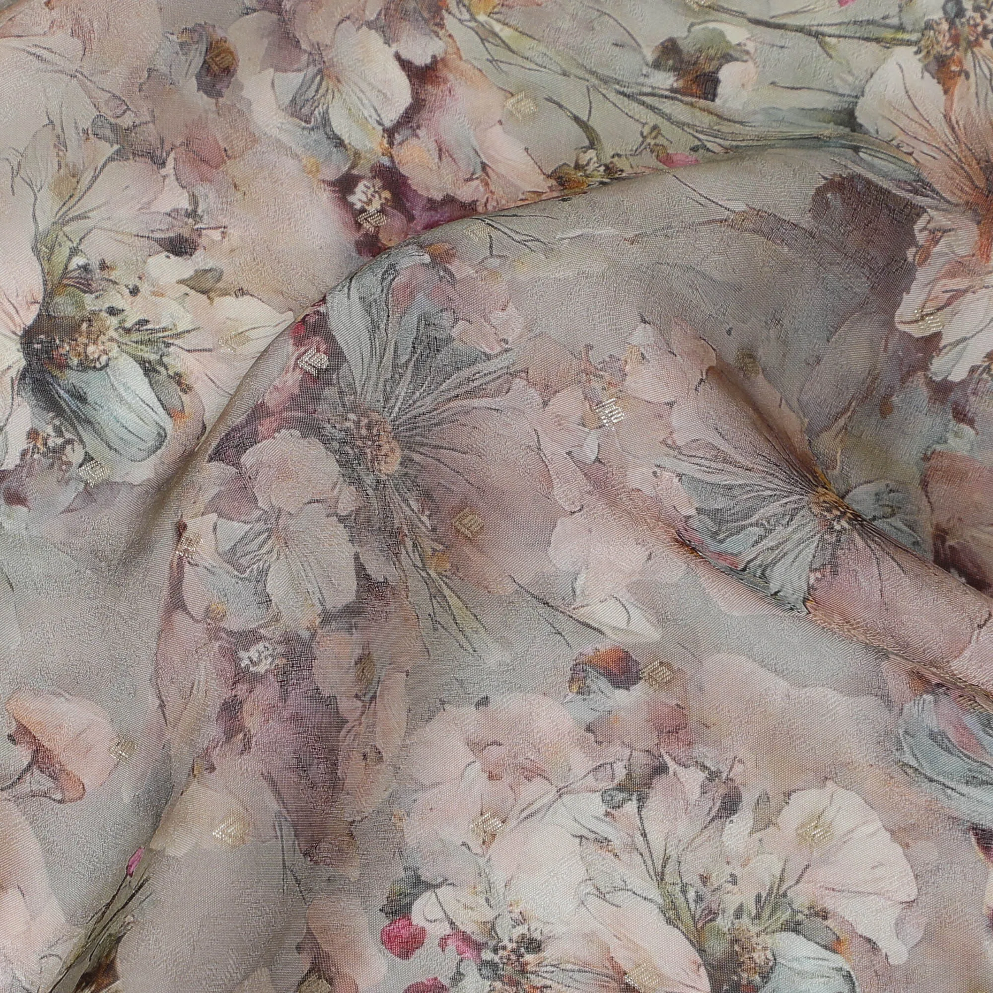 Gray Floral Synthetic Organza Fabric - 110 cm Width, Made in India-D19637