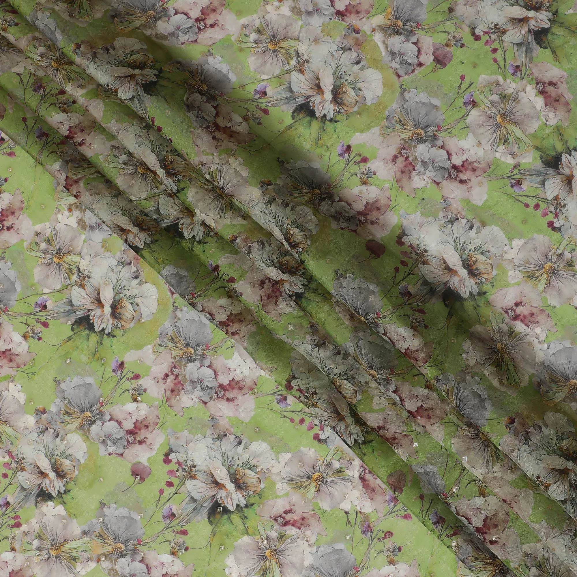 Green and Gray Floral Synthetic Organza Fabric - 110 cm Width, Made in India-D19638