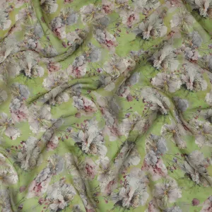 Green and Gray Floral Synthetic Organza Fabric - 110 cm Width, Made in India-D19638