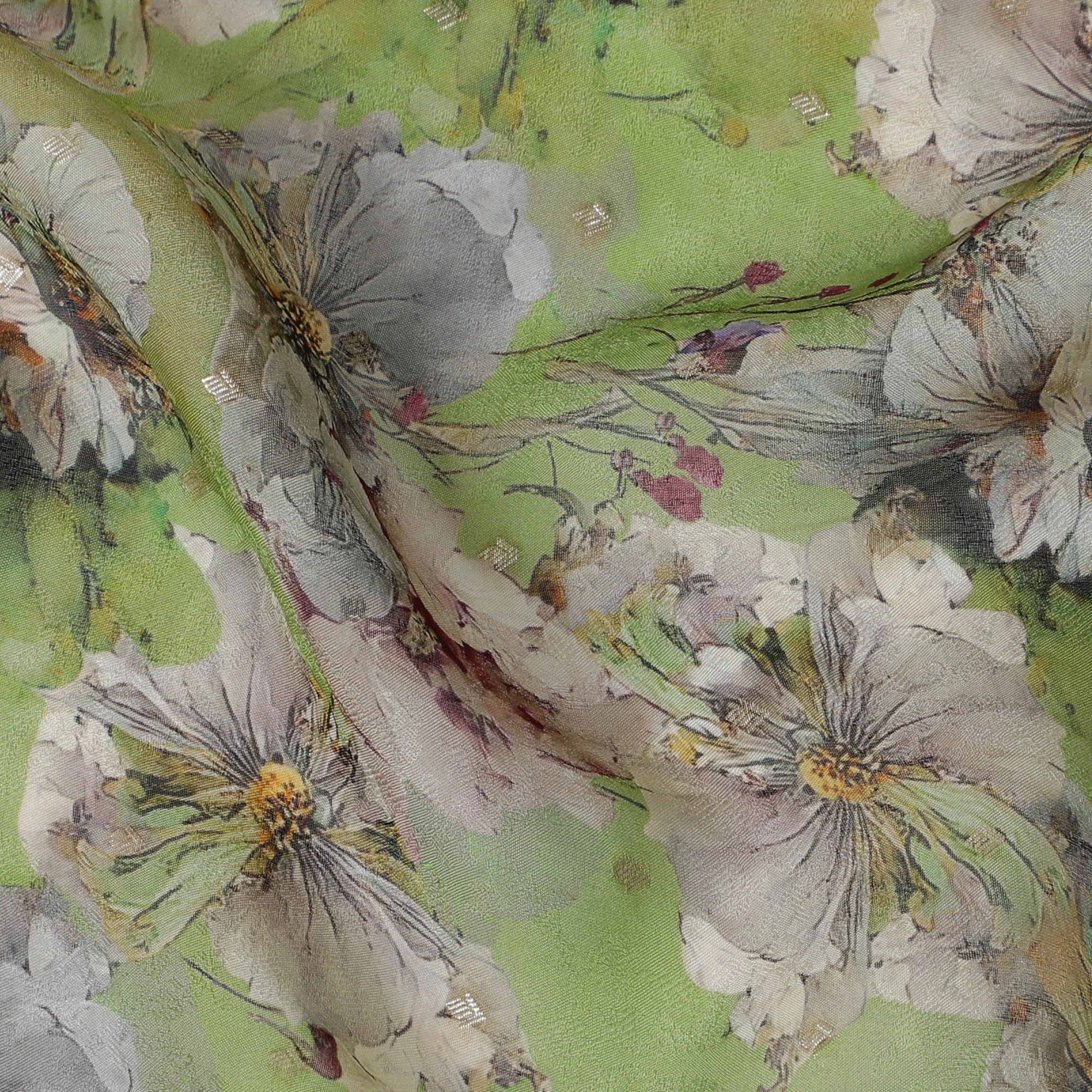 Green and Gray Floral Synthetic Organza Fabric - 110 cm Width, Made in India-D19638