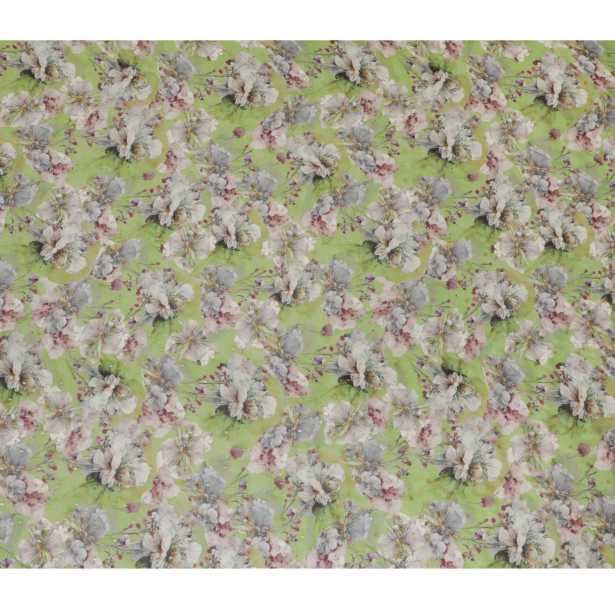 Green and Gray Floral Synthetic Organza Fabric - 110 cm Width, Made in India-D19638