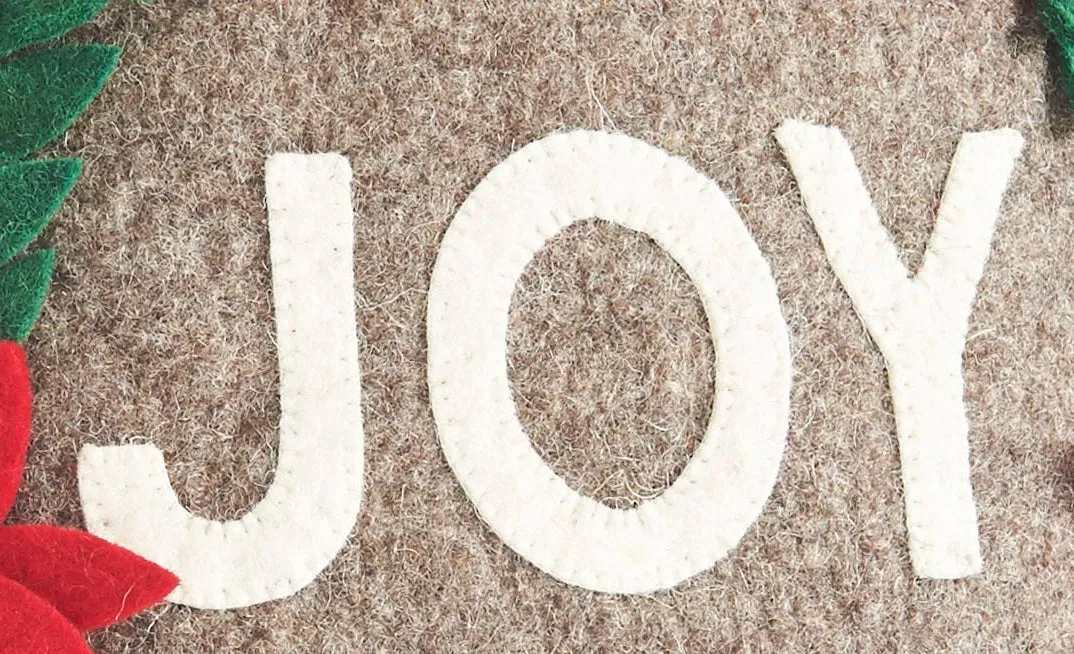 Hand Felted Wool Christmas Pillow - JOY Wreath in Natural Gray - 20"