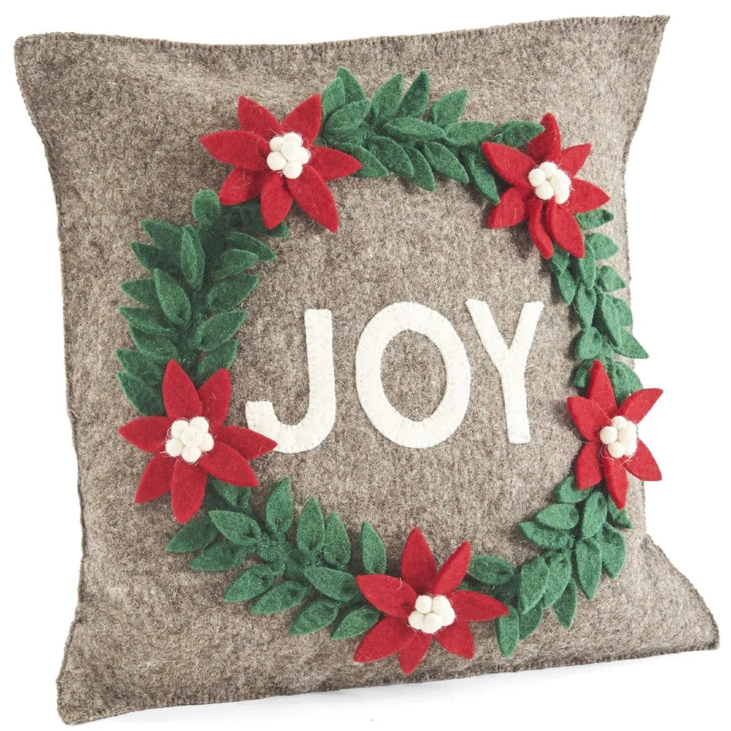 Hand Felted Wool Christmas Pillow - JOY Wreath in Natural Gray - 20"