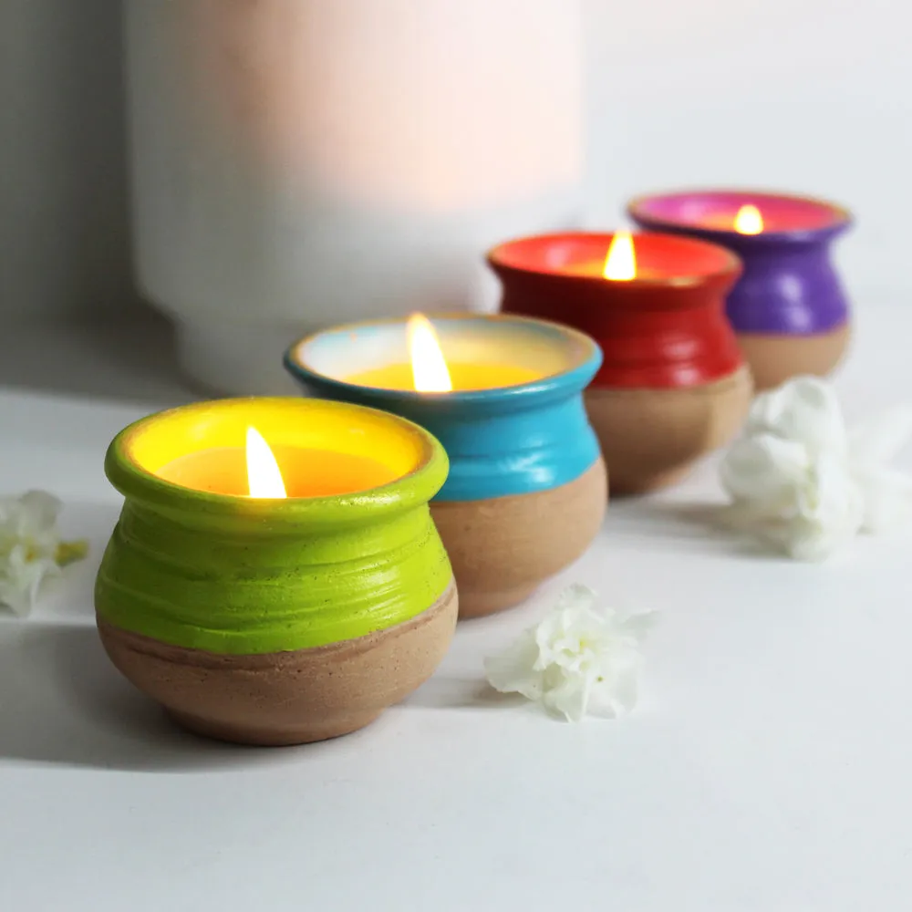 Handcrafted Terracotta "Pot Handi" Candle Holder (Multicolour - Set Of 4)