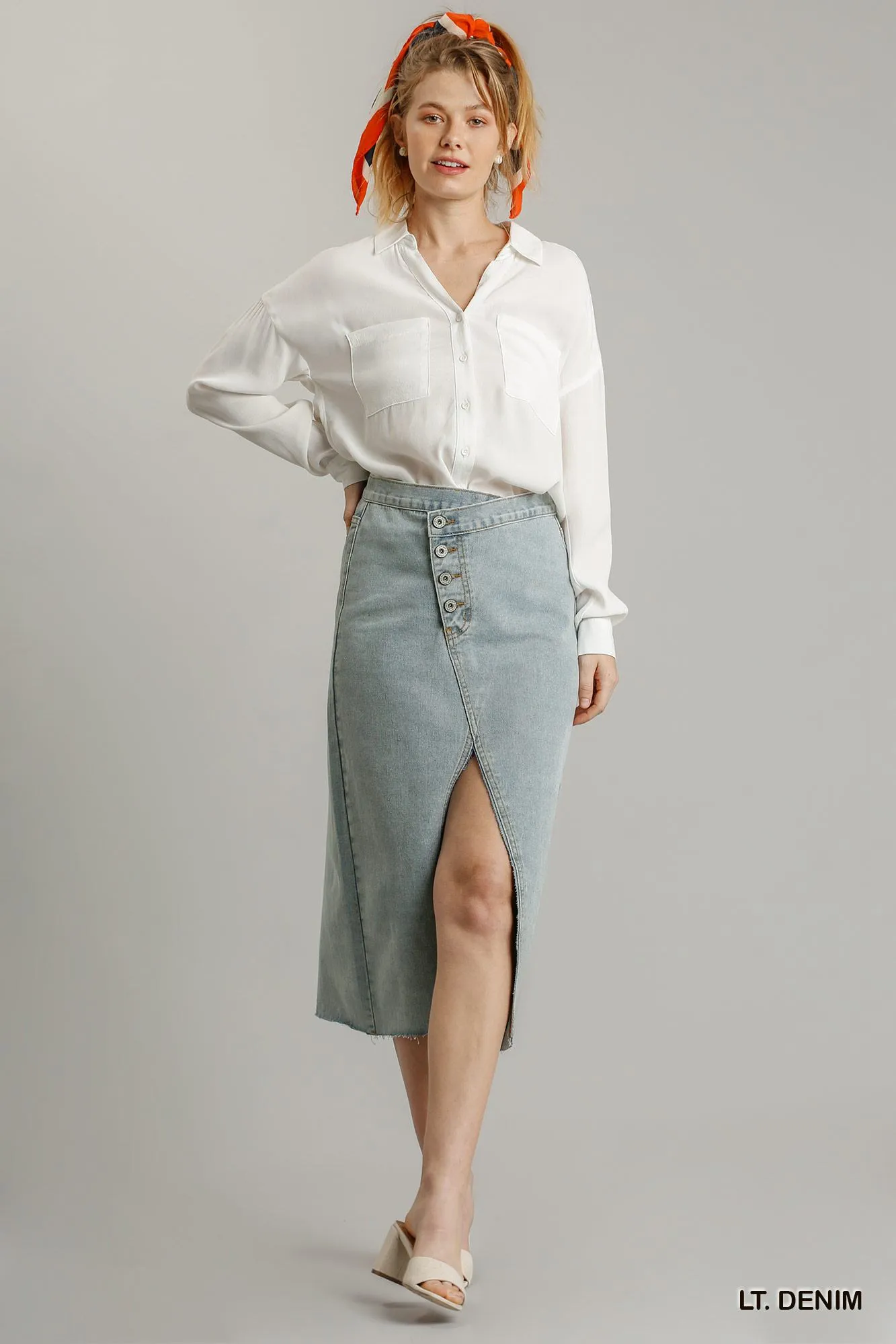 Hot Girl Asymmetrical Waist Buttoned Split Denim Skirt