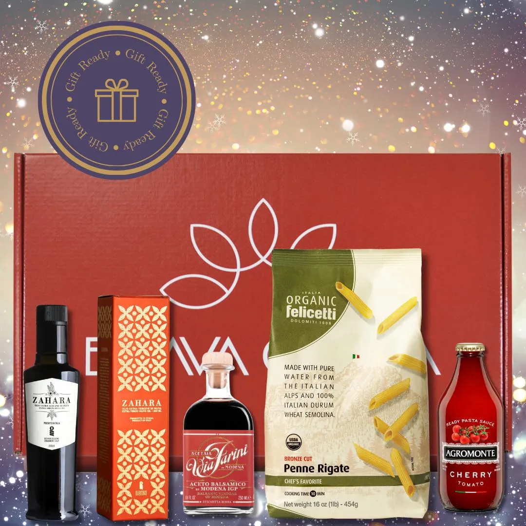 Italian Gourmet Extra Virgin Olive Oil and Balsamic Vinegar - Gift Set With Organic Pasta and Tomato Sauce All Imported From Italy Artisanal Gift Boxed Set Curated By Brava Giulia