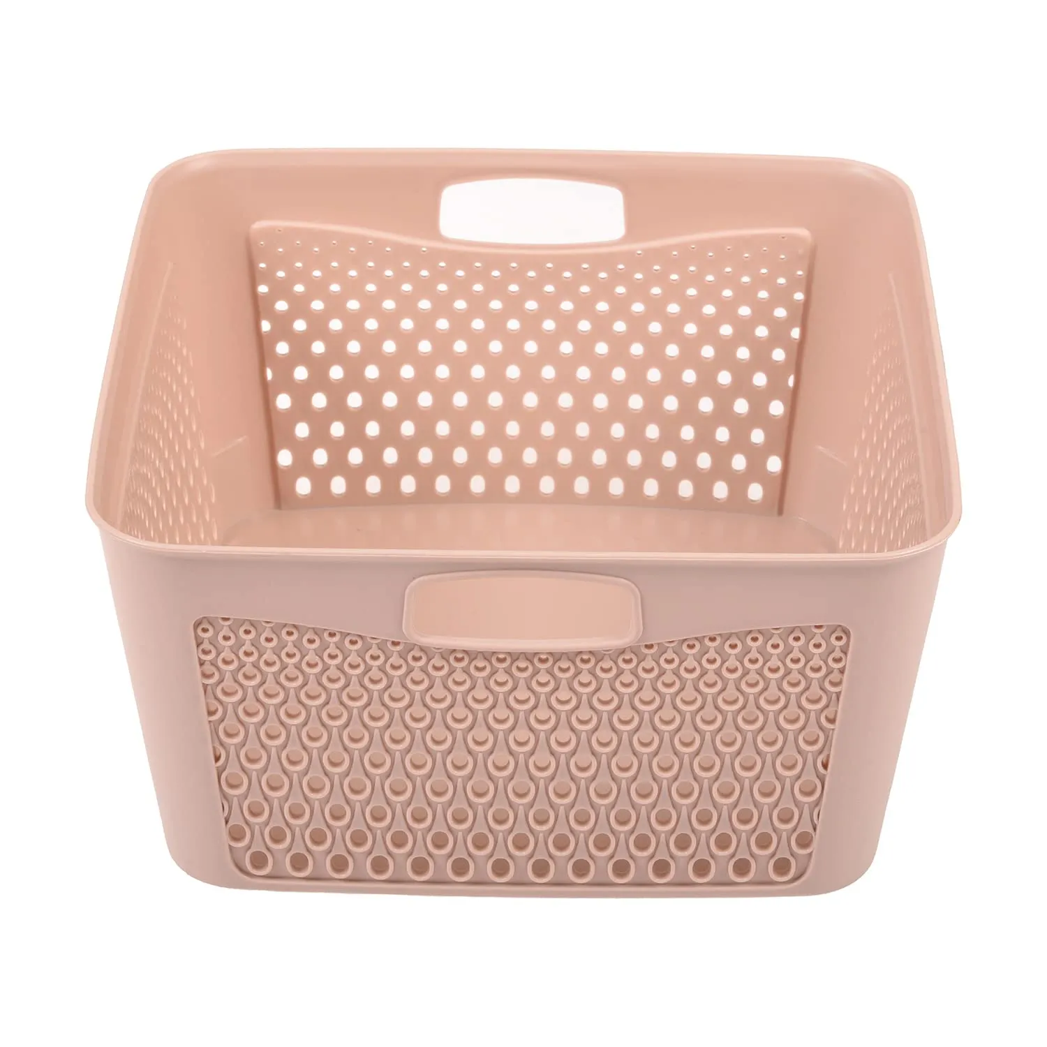 Kuber Industries Netted Design Unbreakable Multipurpose Square Shape Plastic Storage Baskets with lid Large Pack of 2 (Beige)