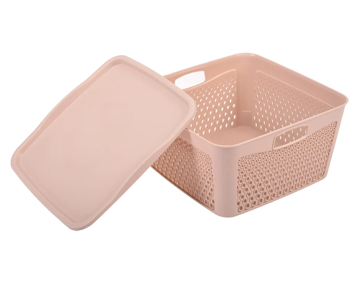 Kuber Industries Netted Design Unbreakable Multipurpose Square Shape Plastic Storage Baskets with lid Large Pack of 2 (Beige)