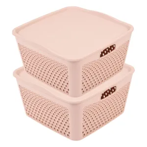 Kuber Industries Netted Design Unbreakable Multipurpose Square Shape Plastic Storage Baskets with lid Large Pack of 2 (Beige)