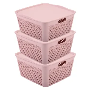 Kuber Industries Netted Design Unbreakable Multipurpose Square Shape Plastic Storage Baskets with lid Large Pack of 3 (Grey)