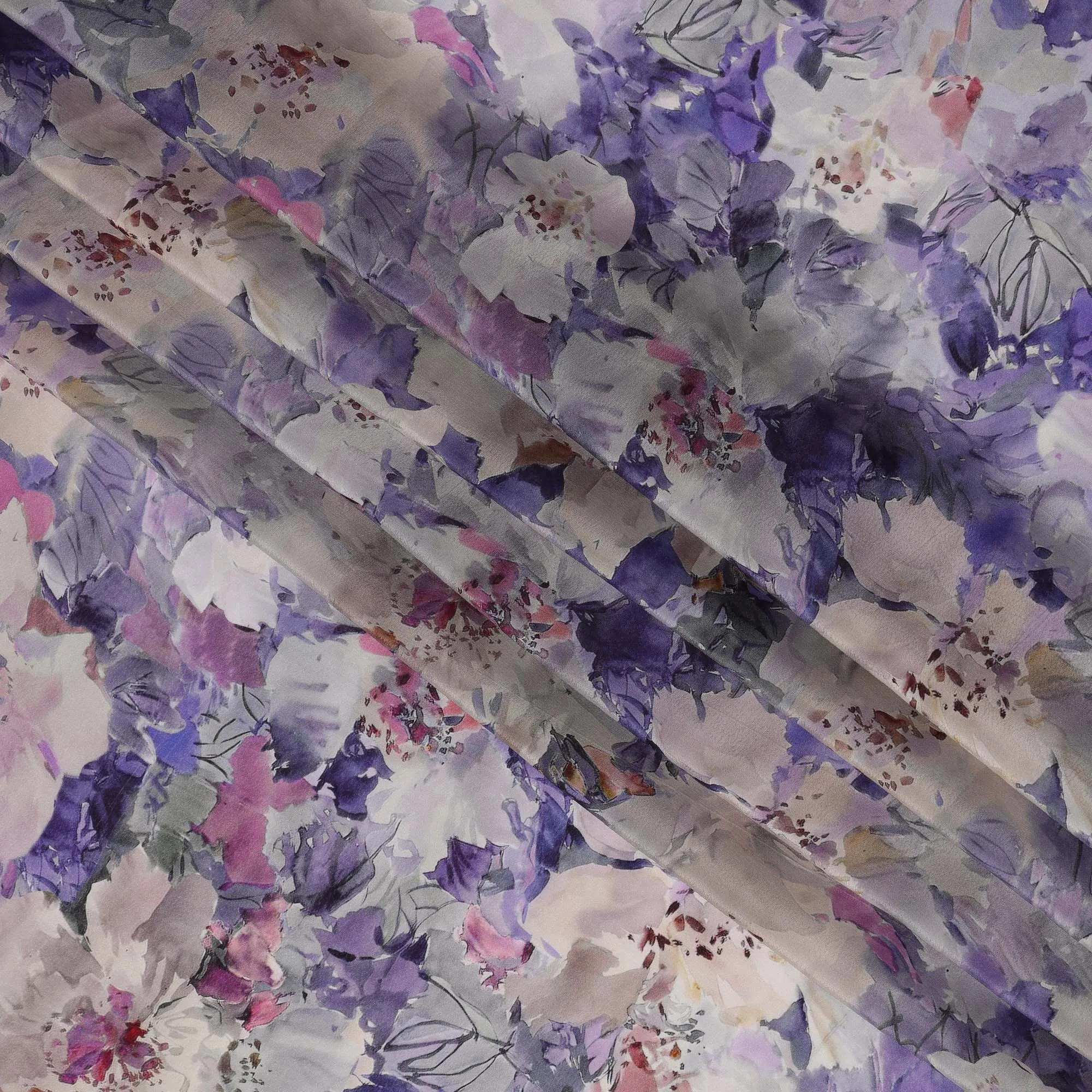 Lavender Purple Viscose Digital Printed Fabric with Watercolor Floral Design, 110 cm Width-D21296