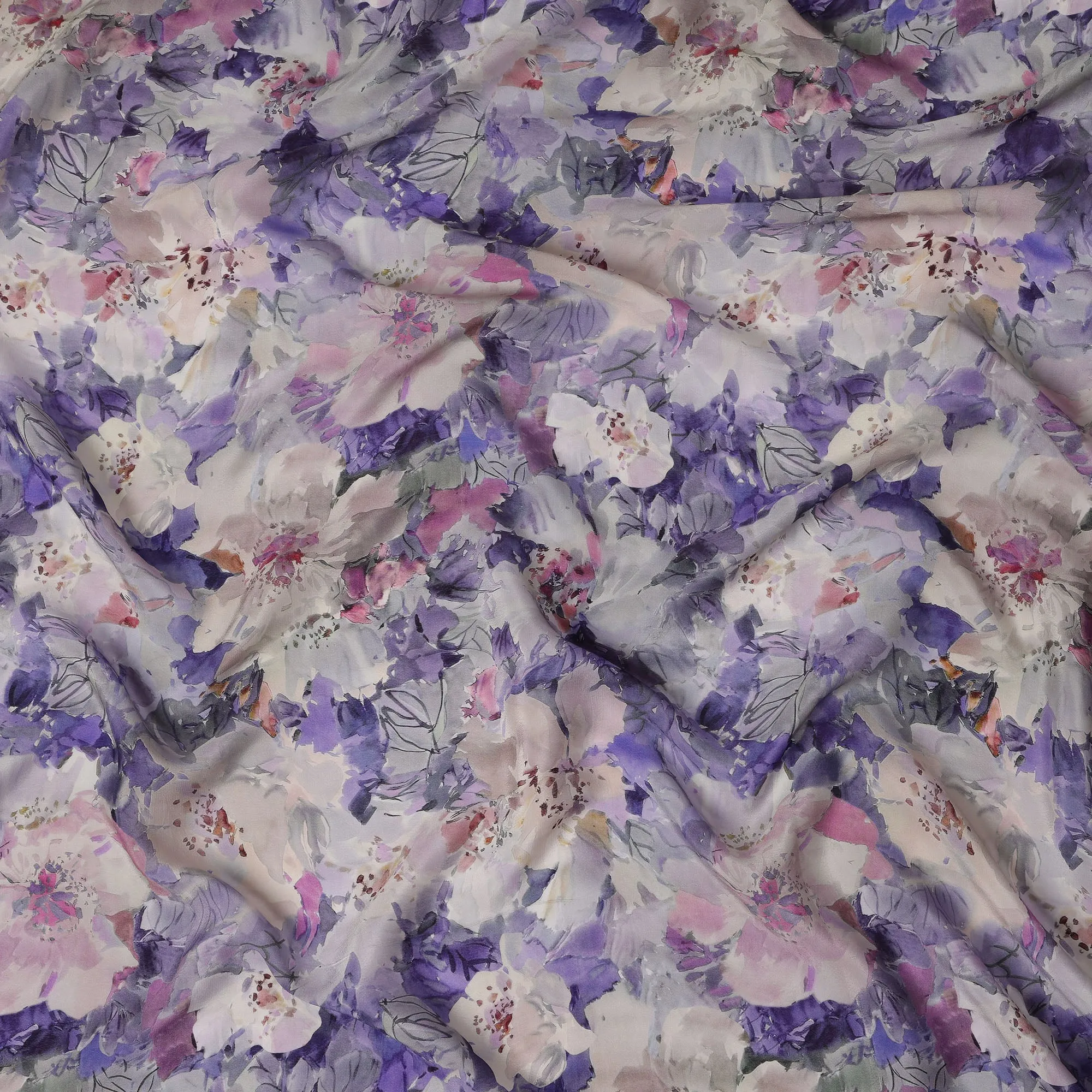 Lavender Purple Viscose Digital Printed Fabric with Watercolor Floral Design, 110 cm Width-D21296