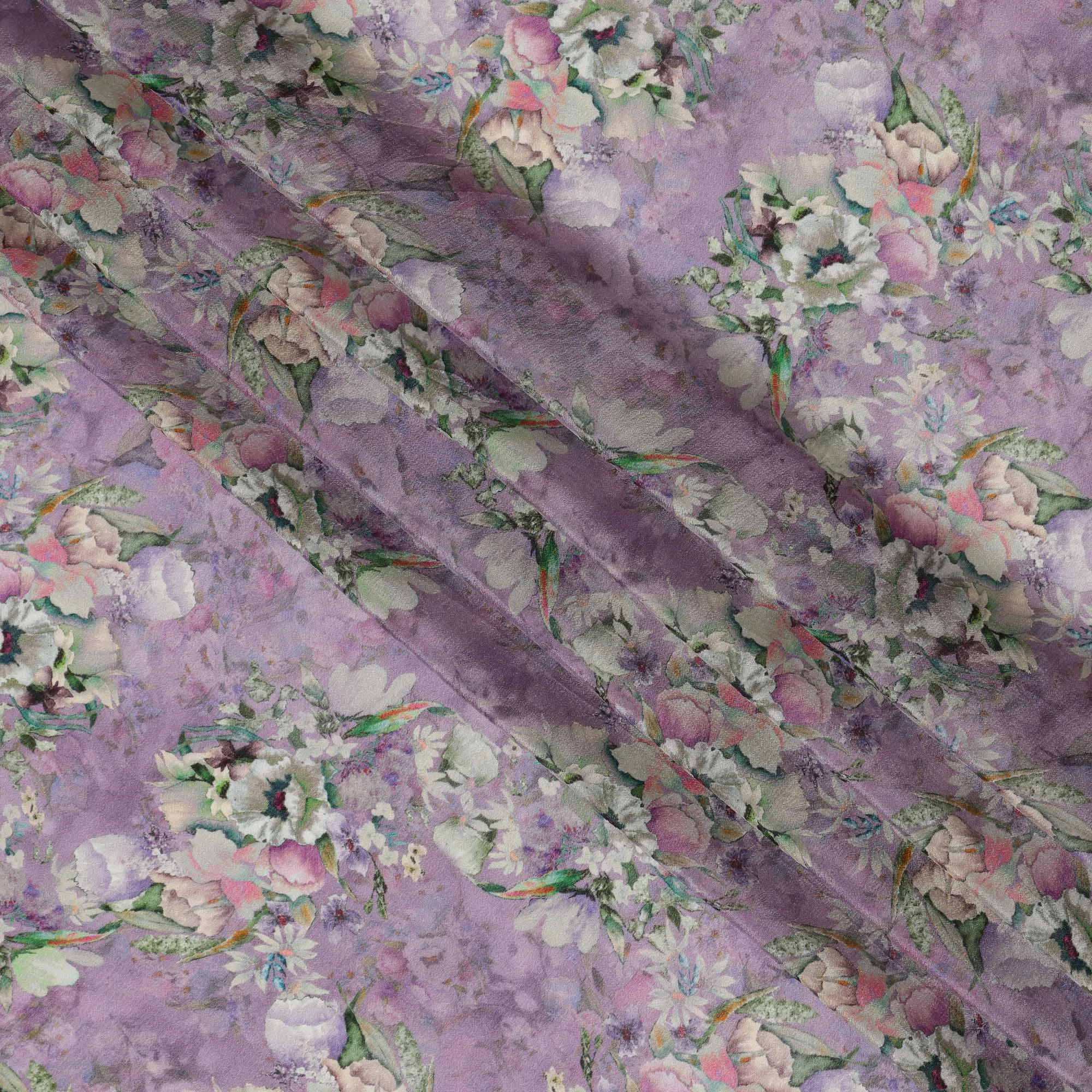 Lavender Synthetic Crepe Fabric with Pastel Floral Print, 110 cm Width-D20691