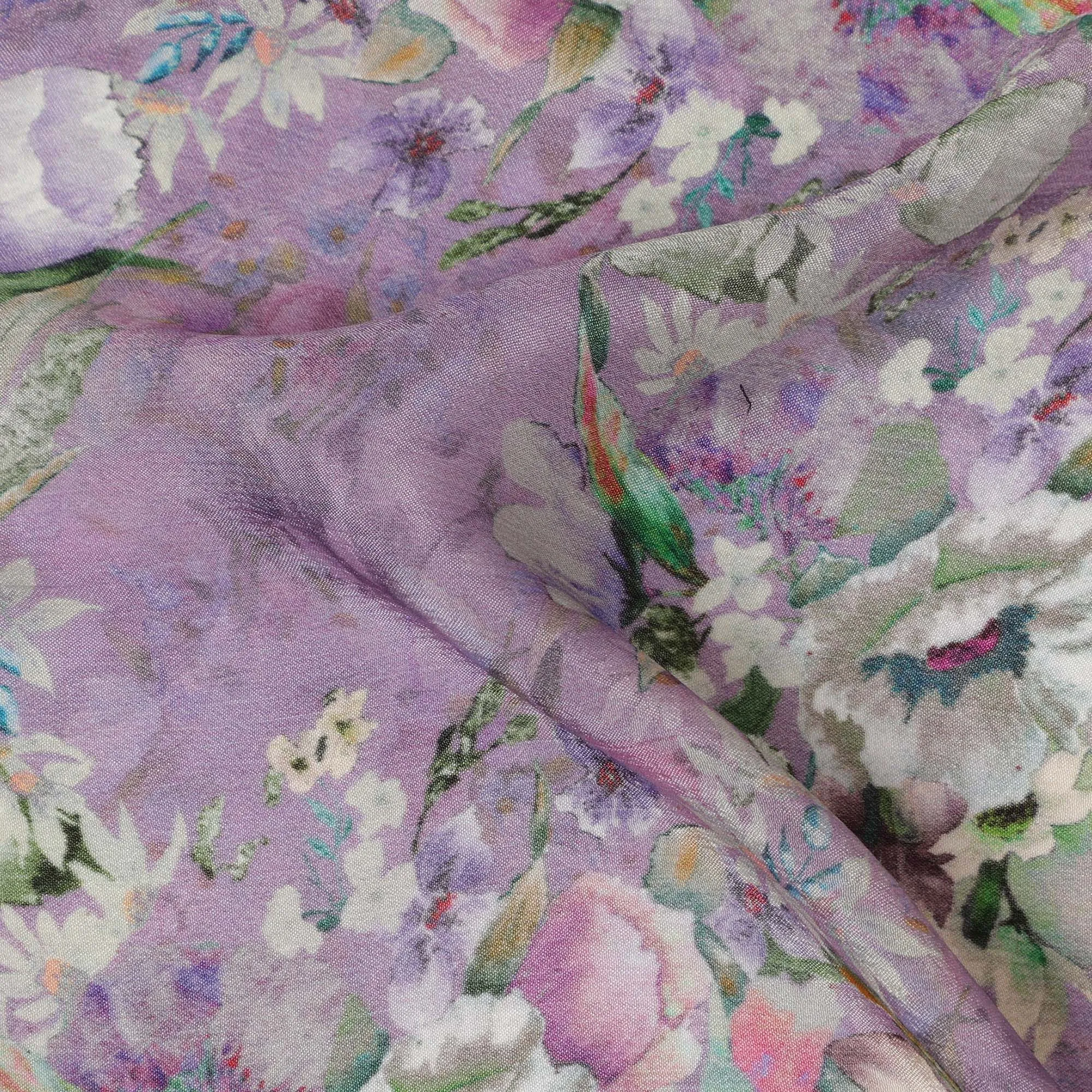 Lavender Synthetic Crepe Fabric with Pastel Floral Print, 110 cm Width-D20691