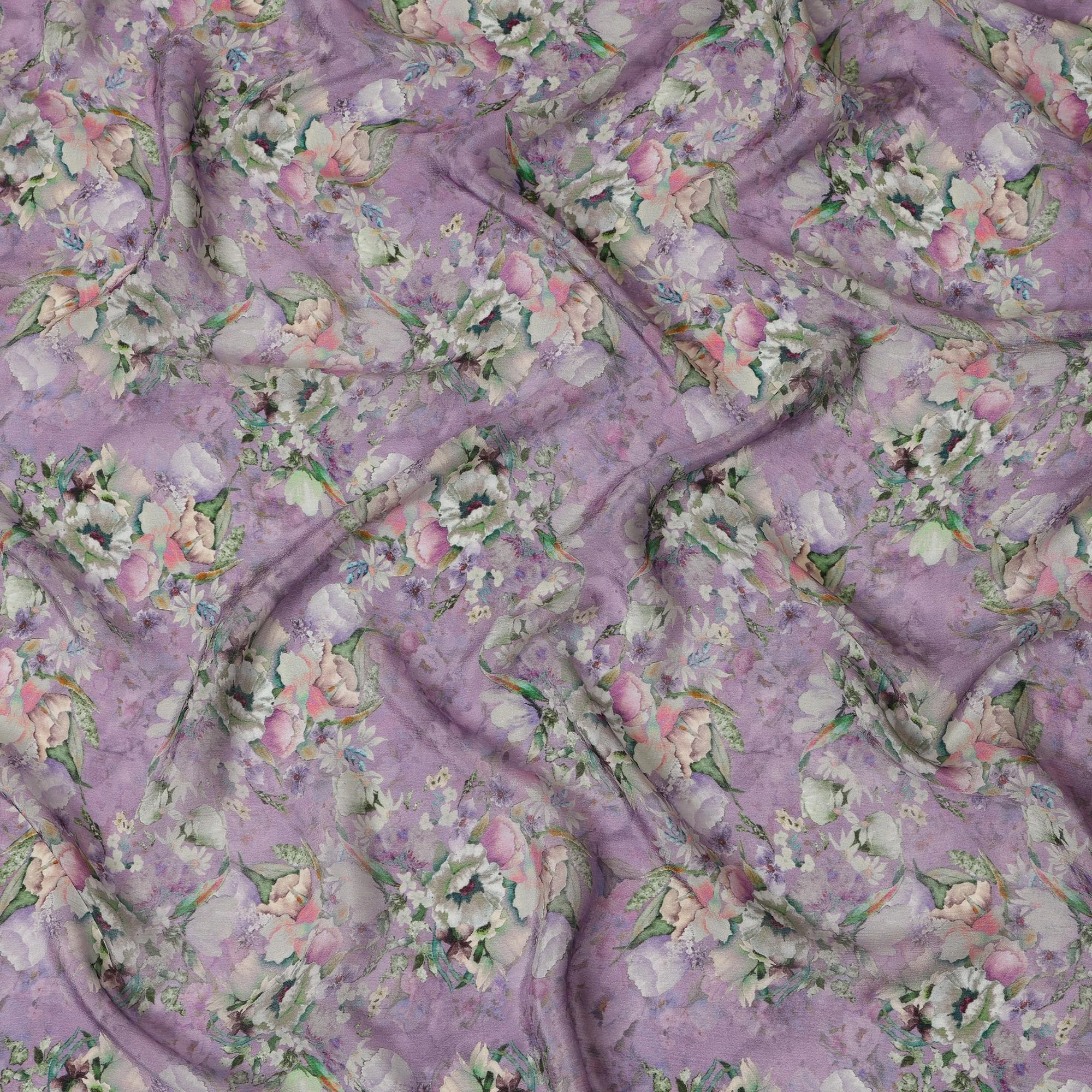 Lavender Synthetic Crepe Fabric with Pastel Floral Print, 110 cm Width-D20691