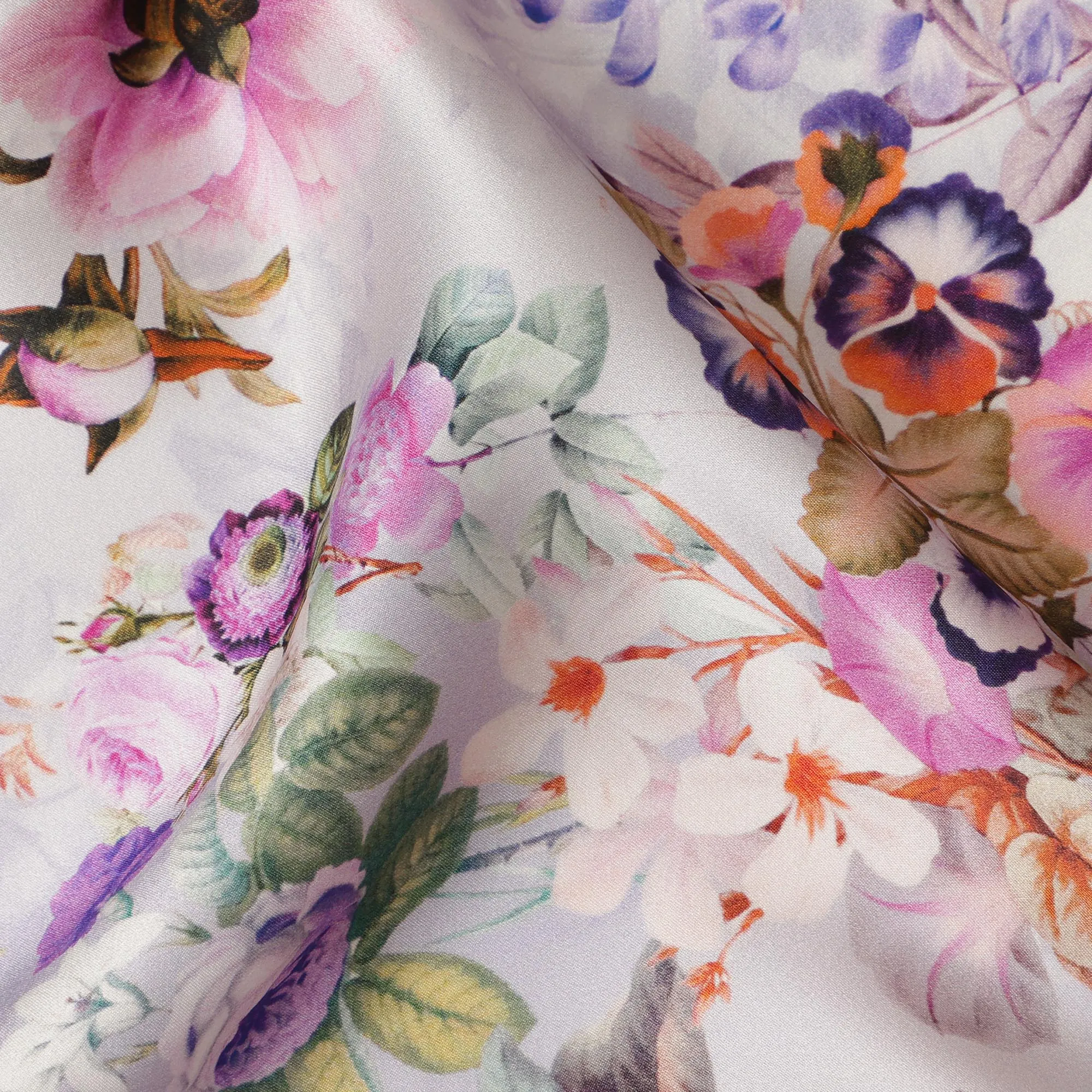 Lilac Floral Pure Silk Satin Fabric - 140 cm Width, Made in Italy-D20723