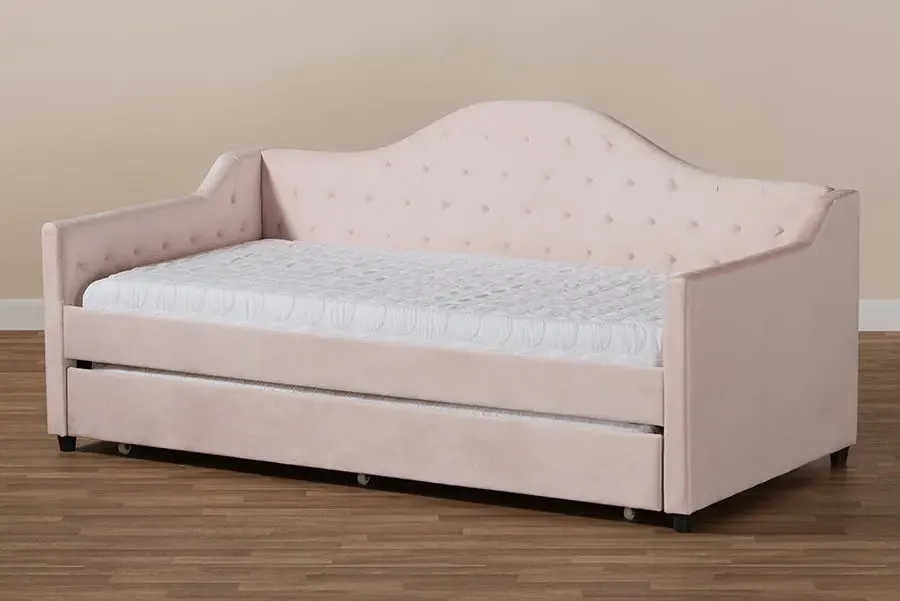 Mira Light Pink Velvet Fabric Upholstered and Button Tufted Twin Size Daybed w/Trundle