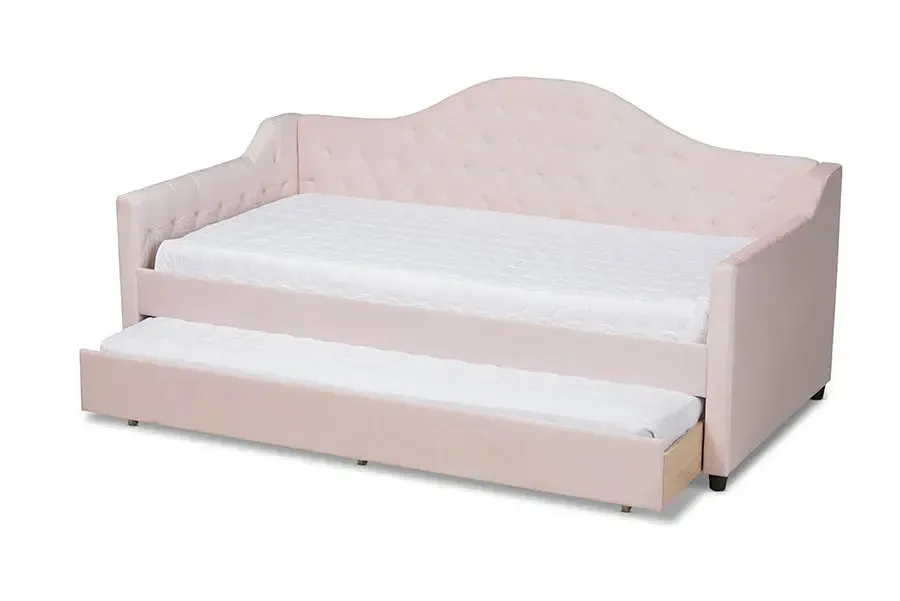 Mira Light Pink Velvet Fabric Upholstered and Button Tufted Twin Size Daybed w/Trundle