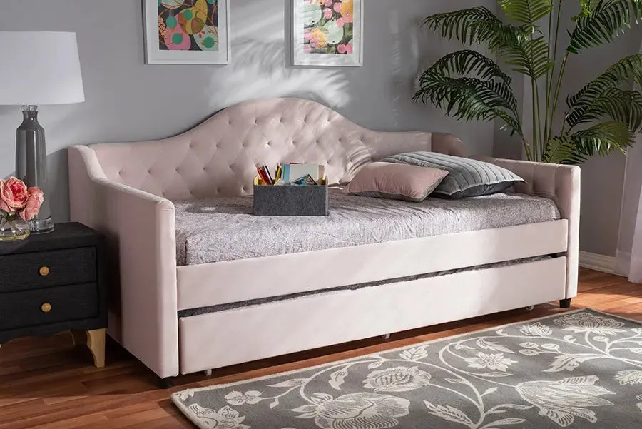 Mira Light Pink Velvet Fabric Upholstered and Button Tufted Twin Size Daybed w/Trundle