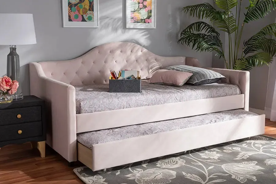 Mira Light Pink Velvet Fabric Upholstered and Button Tufted Twin Size Daybed w/Trundle