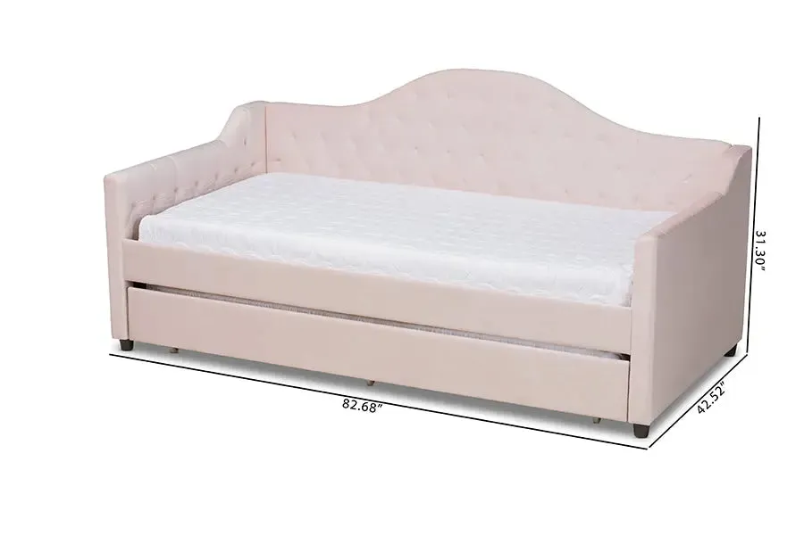 Mira Light Pink Velvet Fabric Upholstered and Button Tufted Twin Size Daybed w/Trundle