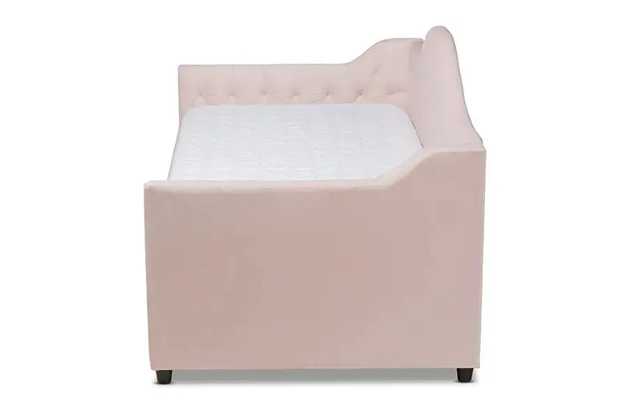 Mira Light Pink Velvet Fabric Upholstered and Button Tufted Twin Size Daybed w/Trundle