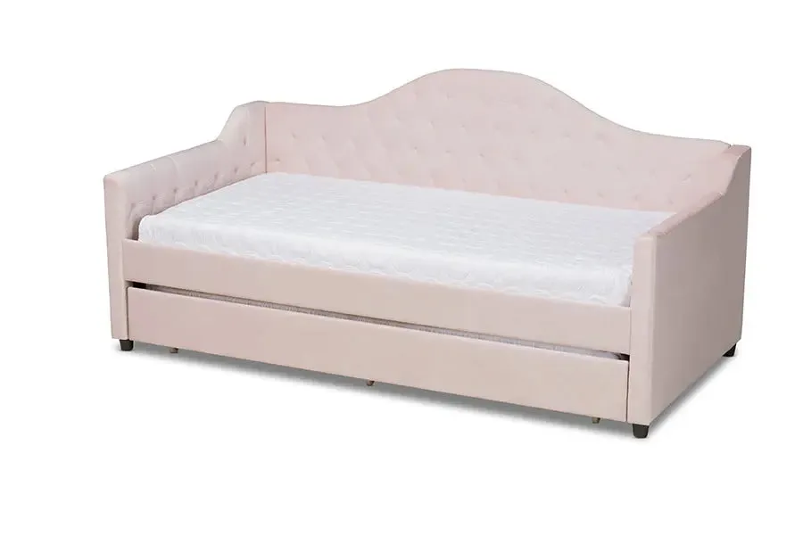 Mira Light Pink Velvet Fabric Upholstered and Button Tufted Twin Size Daybed w/Trundle