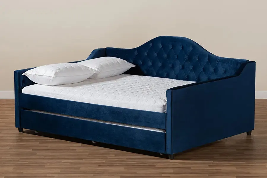 Mira Royal Blue Velvet Fabric Upholstered and Button Tufted Queen Size Daybed w/Trundle